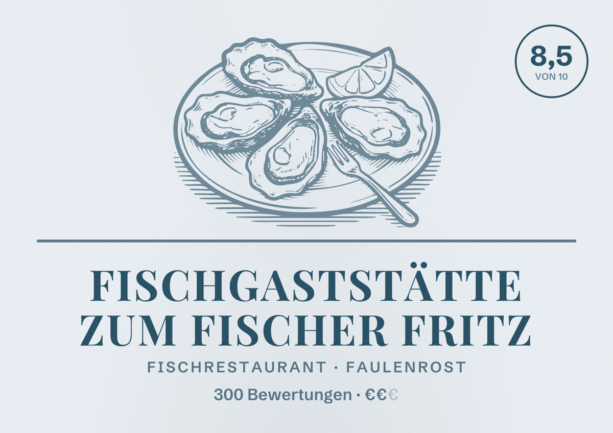 Illustriertes Poster von Fischgaststätte Zum Fischer Fritz, Fischrestaurant in Faulenrost: Bewertung 8,5 von 10 aus 300 Bewertungen, Preisniveau €€