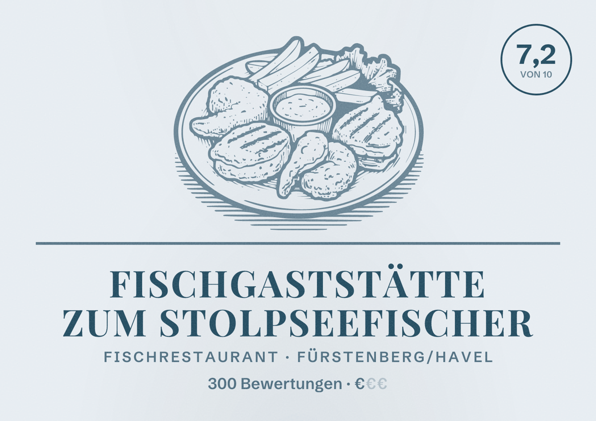 Illustriertes Poster von Fischgaststätte Zum Stolpseefischer, Fischrestaurant in Fürstenberg/Havel: Bewertung 7,2 von 10 aus 300 Bewertungen, Preisniveau €