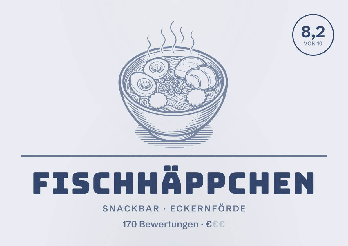 Illustriertes Poster von Fischhäppchen, Snackbar in Eckernförde: Bewertung 8,2 von 10 aus 170 Bewertungen, Preisniveau €