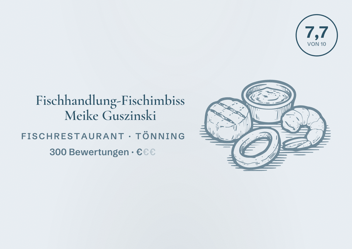 Illustriertes Poster von Fischhandlung-Fischimbiss Meike Guszinski, Fischrestaurant in Tönning: Bewertung 7,7 von 10 aus 300 Bewertungen, Preisniveau €