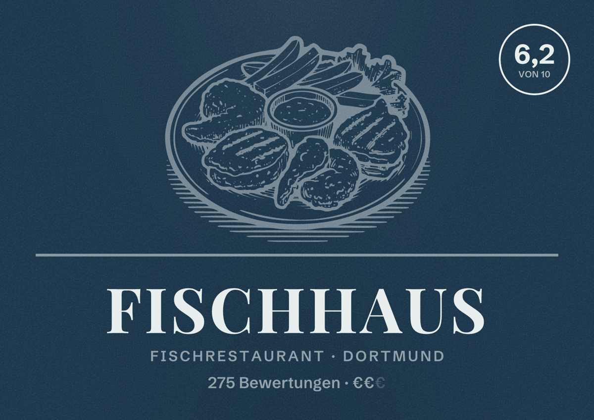 Illustriertes Poster von Fischhaus, Fischrestaurant in Dortmund: Bewertung 6,2 von 10 aus 275 Bewertungen, Preisniveau €€