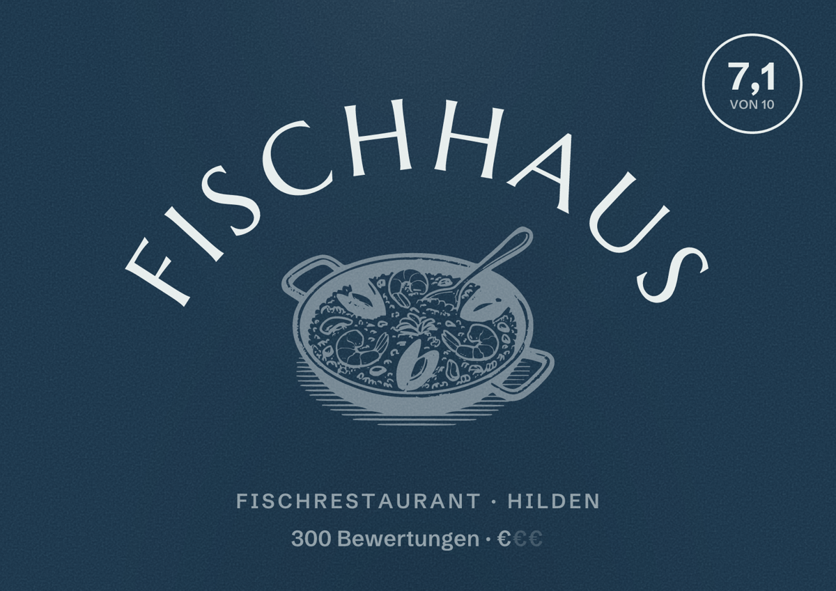 Illustriertes Poster von Fischhaus, Fischrestaurant in Hilden: Bewertung 7,1 von 10 aus 300 Bewertungen, Preisniveau €