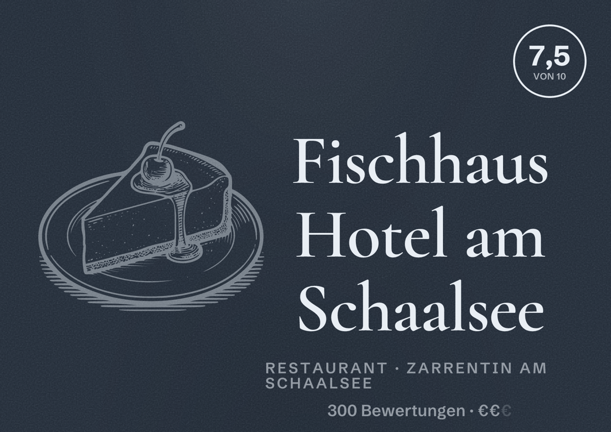 Illustriertes Poster von Fischhaus Hotel am Schaalsee, Restaurant in Zarrentin am Schaalsee: Bewertung 7,5 von 10 aus 300 Bewertungen, Preisniveau €€