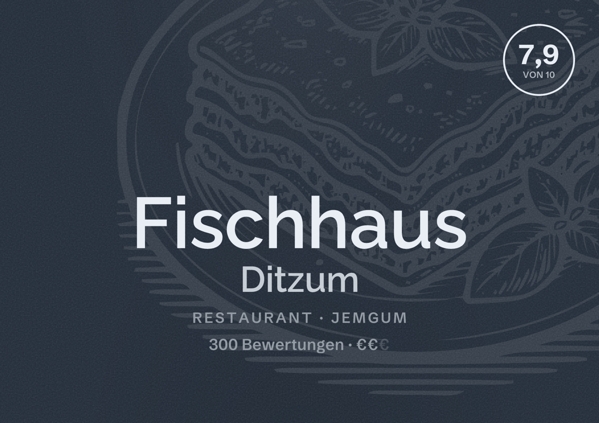 Illustriertes Poster von Fischhaus Ditzum, Restaurant in Jemgum: Bewertung 7,9 von 10 aus 300 Bewertungen, Preisniveau €€