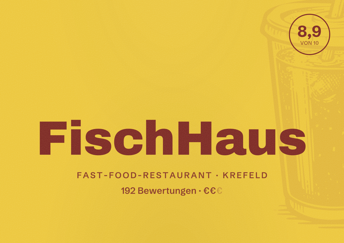 Illustriertes Poster von FischHaus, Fast-Food-Restaurant in Krefeld: Bewertung 8,9 von 10 aus 192 Bewertungen, Preisniveau €€