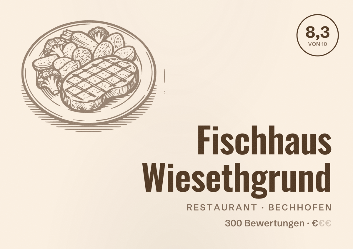 Illustriertes Poster von Fischhaus Wiesethgrund, Restaurant in Bechhofen: Bewertung 8,3 von 10 aus 300 Bewertungen, Preisniveau €