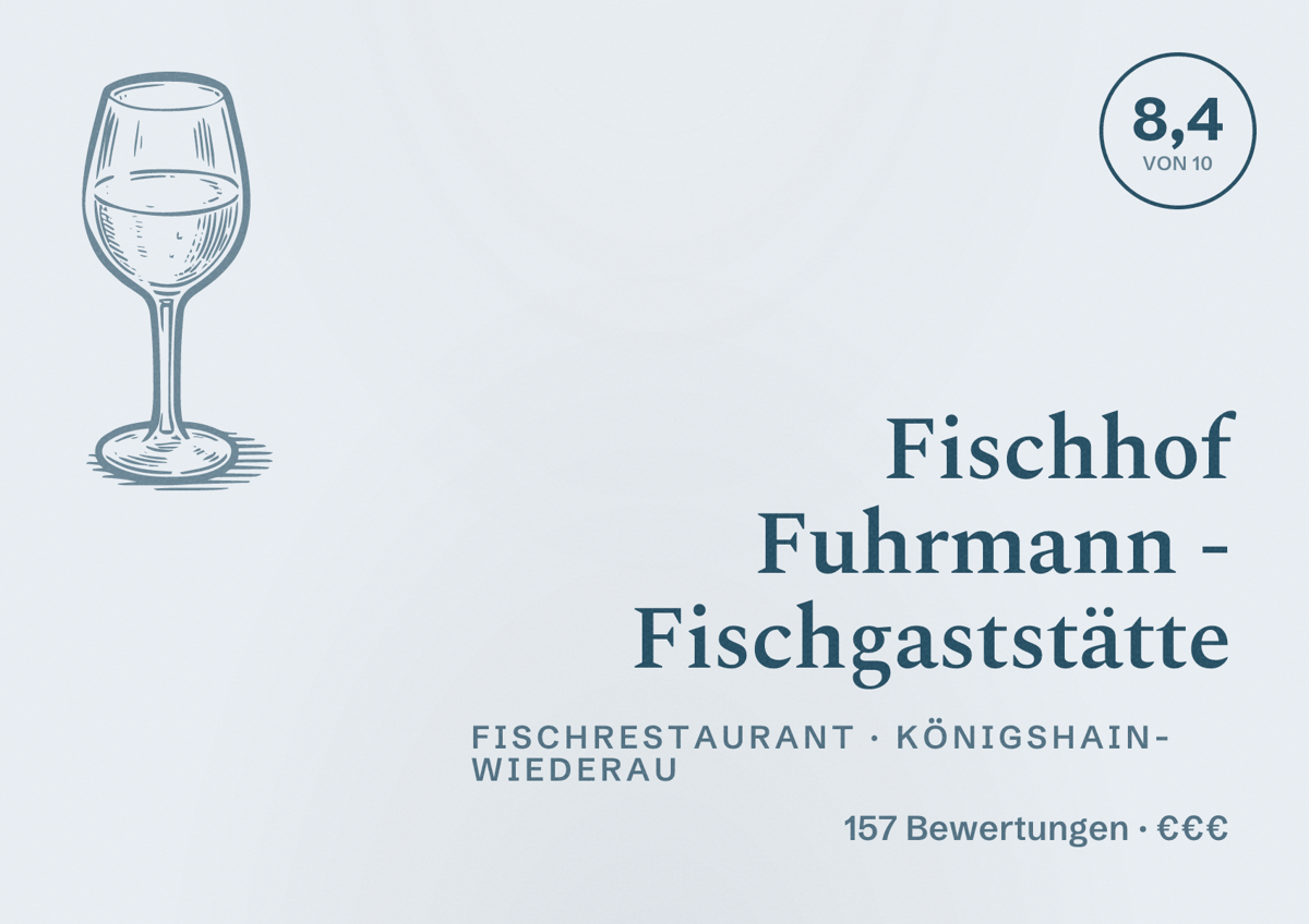 Illustriertes Poster von Fischhof Fuhrmann - Fischgaststätte, Fischrestaurant in Königshain-Wiederau: Bewertung 8,4 von 10 aus 157 Bewertungen, Preisniveau €€€