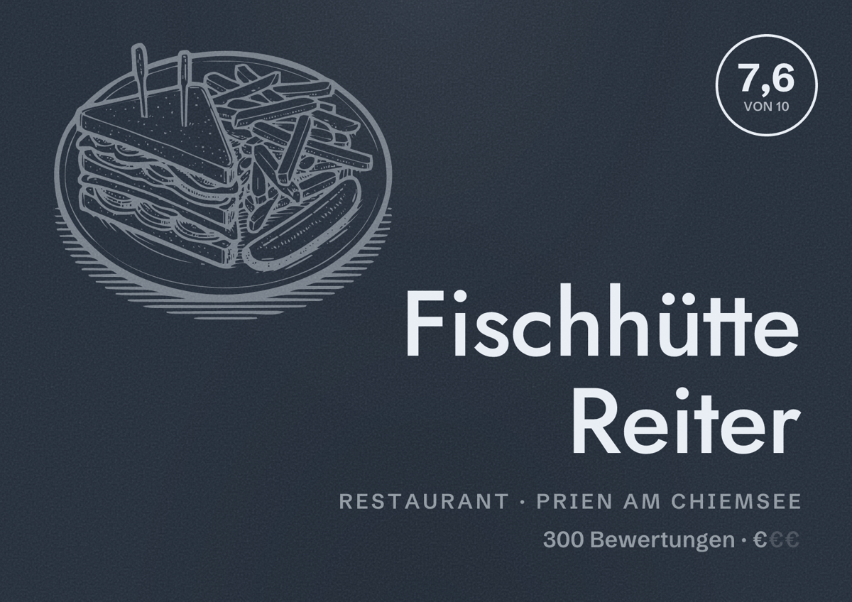 Illustriertes Poster von Fischhütte Reiter, Restaurant in Prien am Chiemsee: Bewertung 7,6 von 10 aus 300 Bewertungen, Preisniveau €