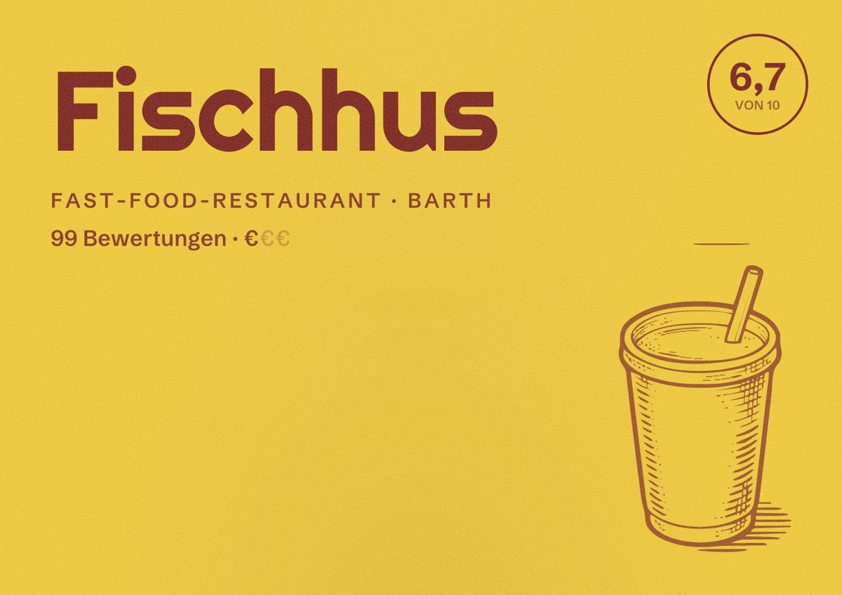 Illustriertes Poster von Fischhus, Fast-Food-Restaurant in Barth: Bewertung 6,7 von 10 aus 99 Bewertungen, Preisniveau €