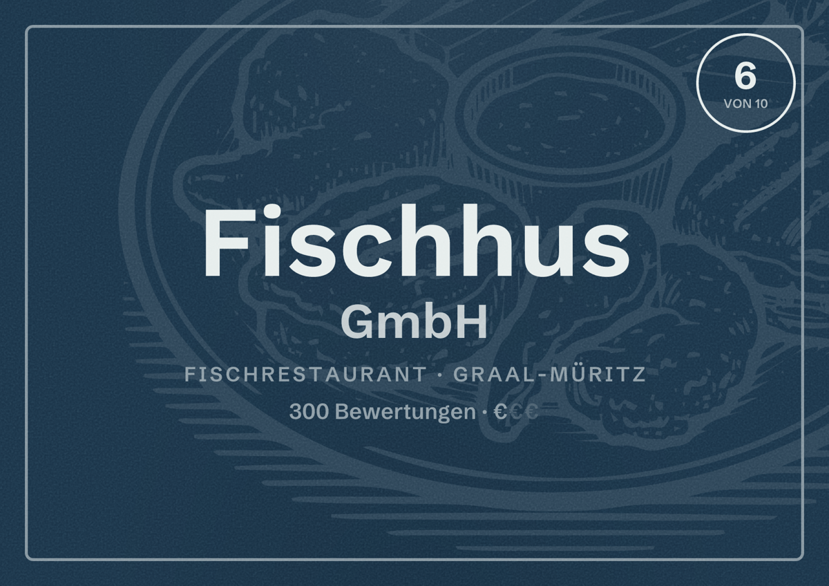 Illustriertes Poster von Fischhus GmbH, Fischrestaurant in Graal-Müritz: Bewertung 6 von 10 aus 300 Bewertungen, Preisniveau €