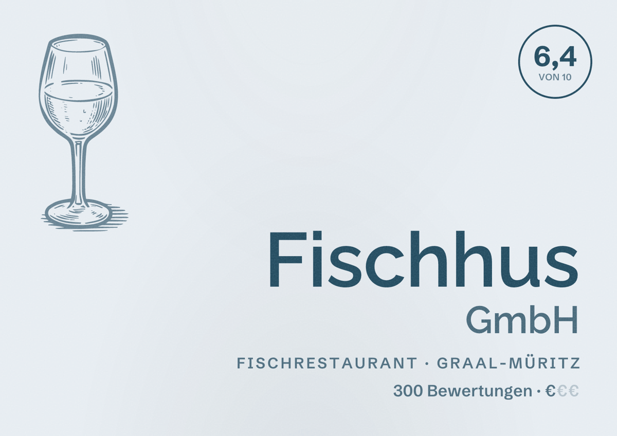 Illustriertes Poster von Fischhus GmbH, Fischrestaurant in Graal-Müritz: Bewertung 6,4 von 10 aus 300 Bewertungen, Preisniveau €