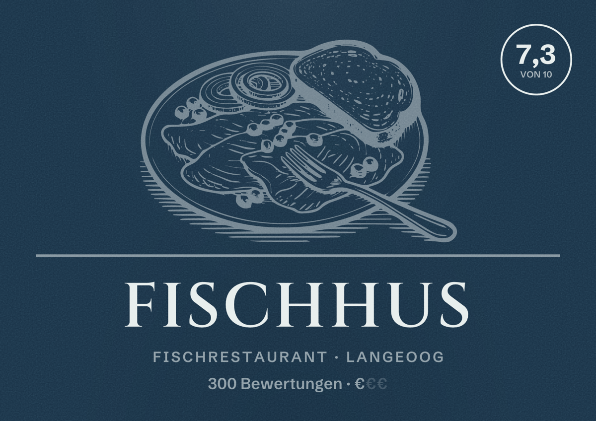 Illustriertes Poster von Fischhus, Fischrestaurant in Langeoog: Bewertung 7,3 von 10 aus 300 Bewertungen, Preisniveau €