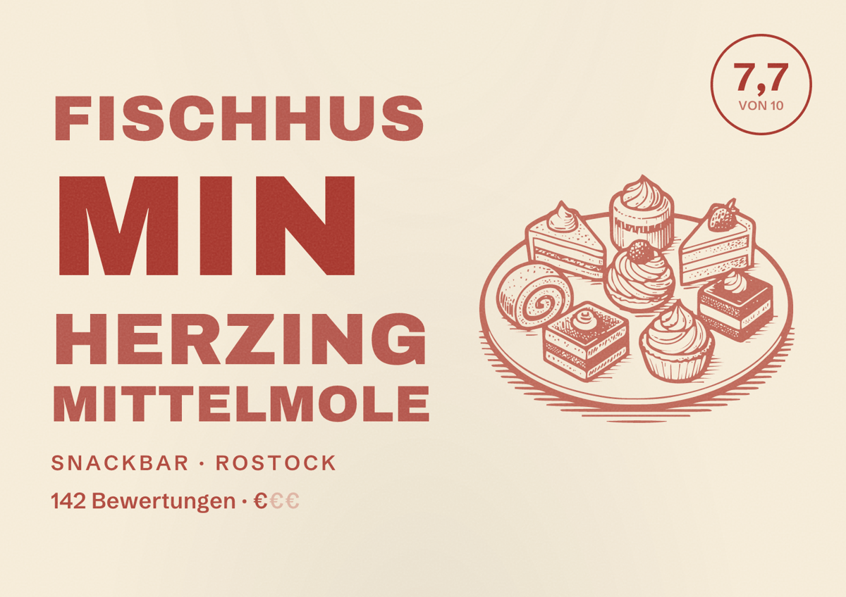 Illustriertes Poster von Fischhus Min Herzing Mittelmole, Snackbar in Rostock: Bewertung 7,7 von 10 aus 142 Bewertungen, Preisniveau €