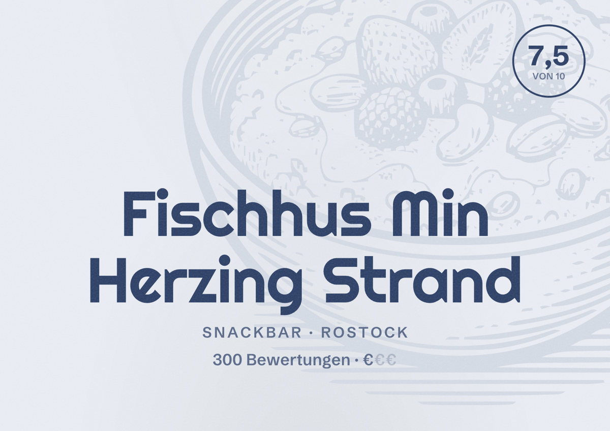 Illustriertes Poster von Fischhus Min Herzing Strand, Snackbar in Rostock: Bewertung 7,5 von 10 aus 300 Bewertungen, Preisniveau €