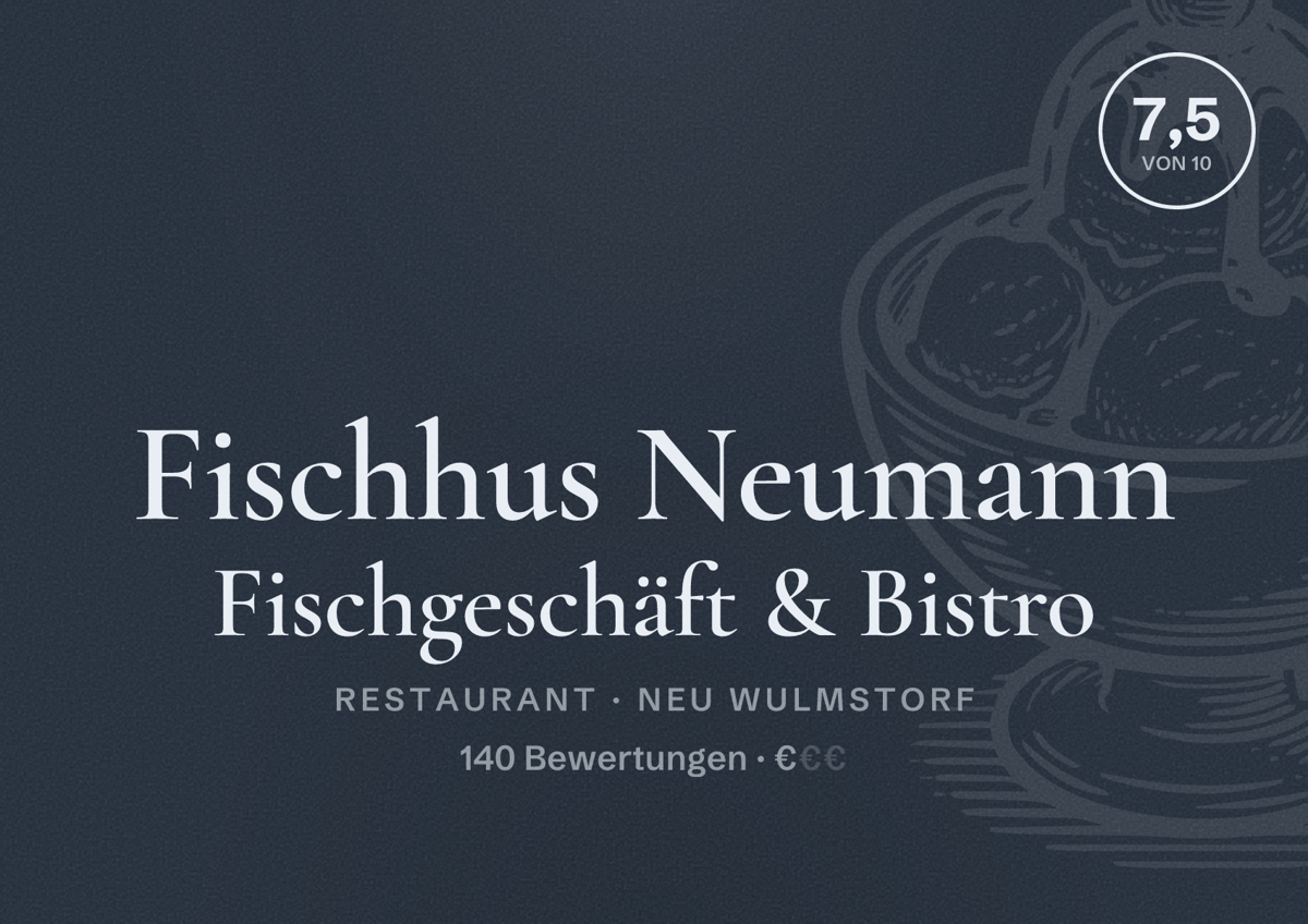 Illustriertes Poster von Fischhus Neumann Fischgeschäft & Bistro, Restaurant in Neu Wulmstorf: Bewertung 7,5 von 10 aus 140 Bewertungen, Preisniveau €