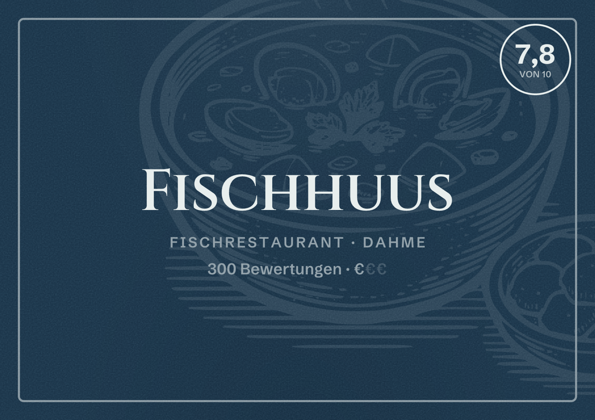 Illustriertes Poster von Fischhuus, Fischrestaurant in Dahme: Bewertung 7,8 von 10 aus 300 Bewertungen, Preisniveau €