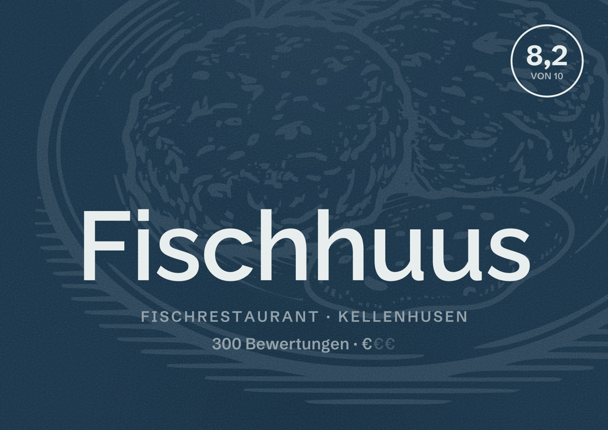 Illustriertes Poster von Fischhuus, Fischrestaurant in Kellenhusen: Bewertung 8,2 von 10 aus 300 Bewertungen, Preisniveau €