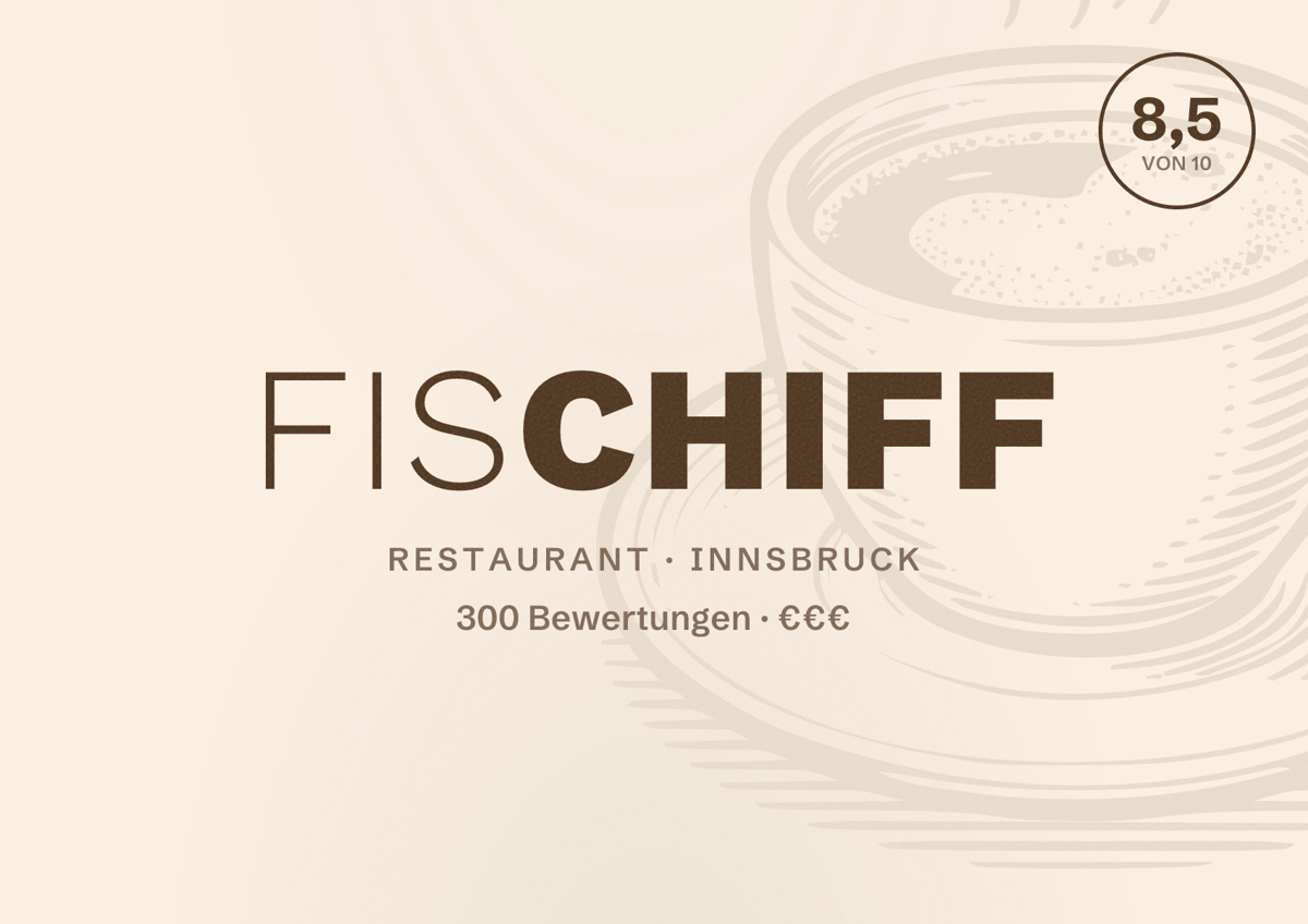 Illustriertes Poster von Fischiff, Restaurant in Innsbruck: Bewertung 8,5 von 10 aus 300 Bewertungen, Preisniveau €€€