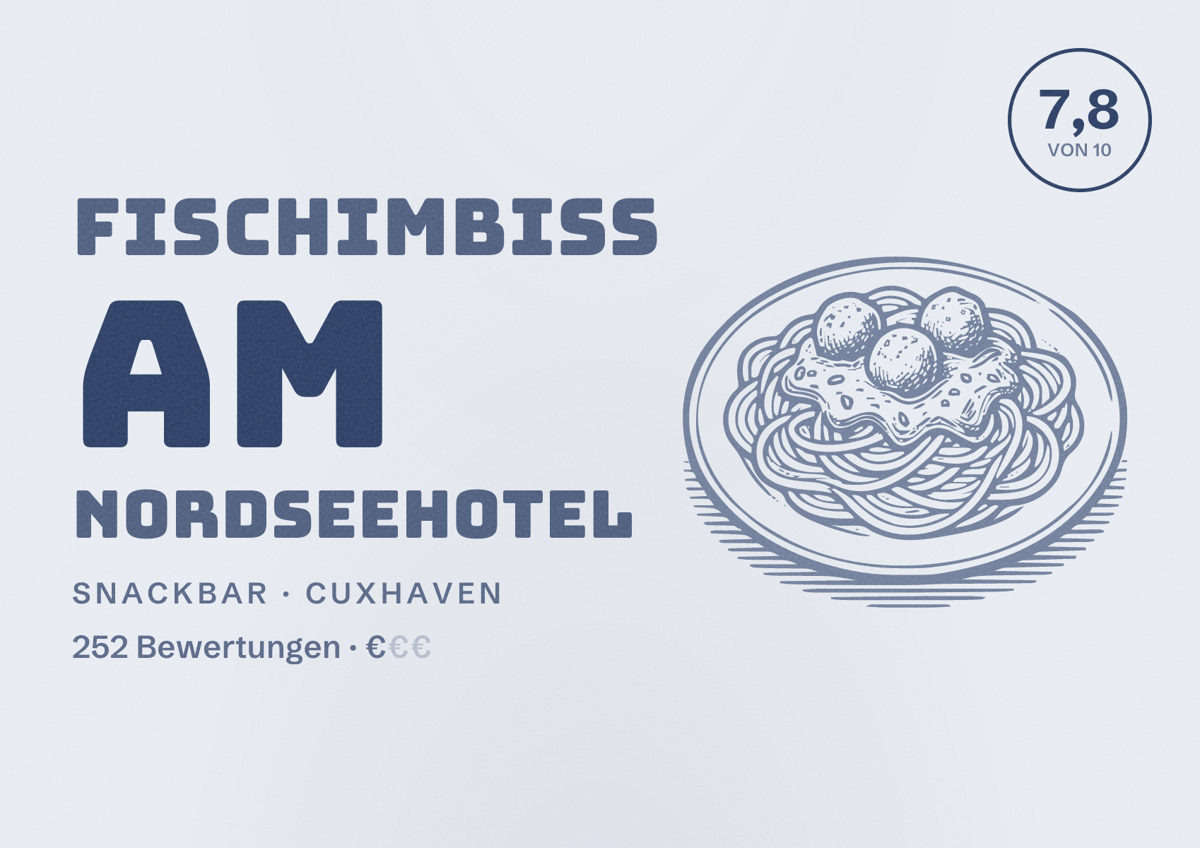Illustriertes Poster von Fischimbiß am Nordseehotel, Snackbar in Cuxhaven: Bewertung 7,8 von 10 aus 252 Bewertungen, Preisniveau €