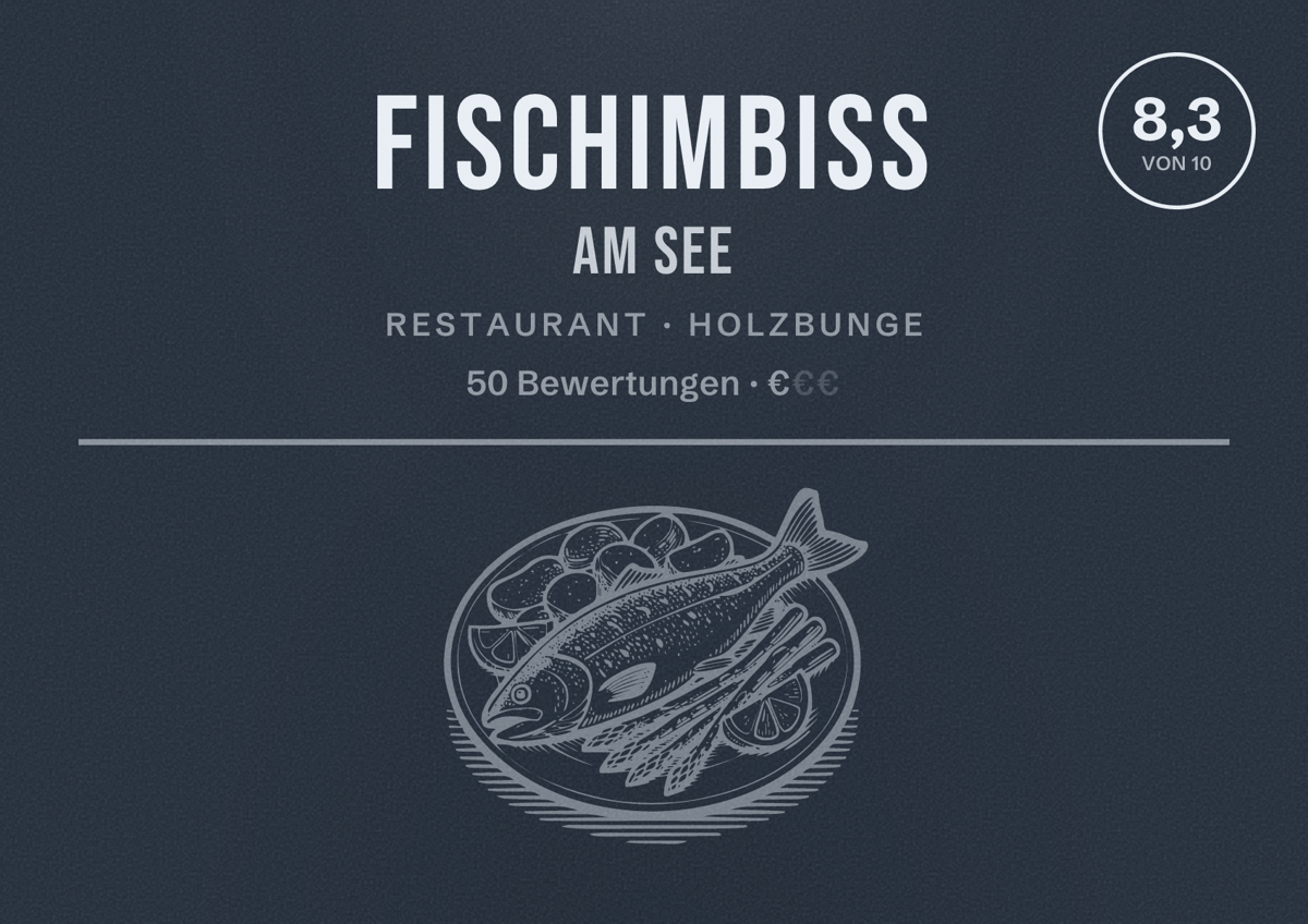Illustriertes Poster von Fischimbiss am See, Restaurant in Holzbunge: Bewertung 8,3 von 10 aus 50 Bewertungen, Preisniveau €