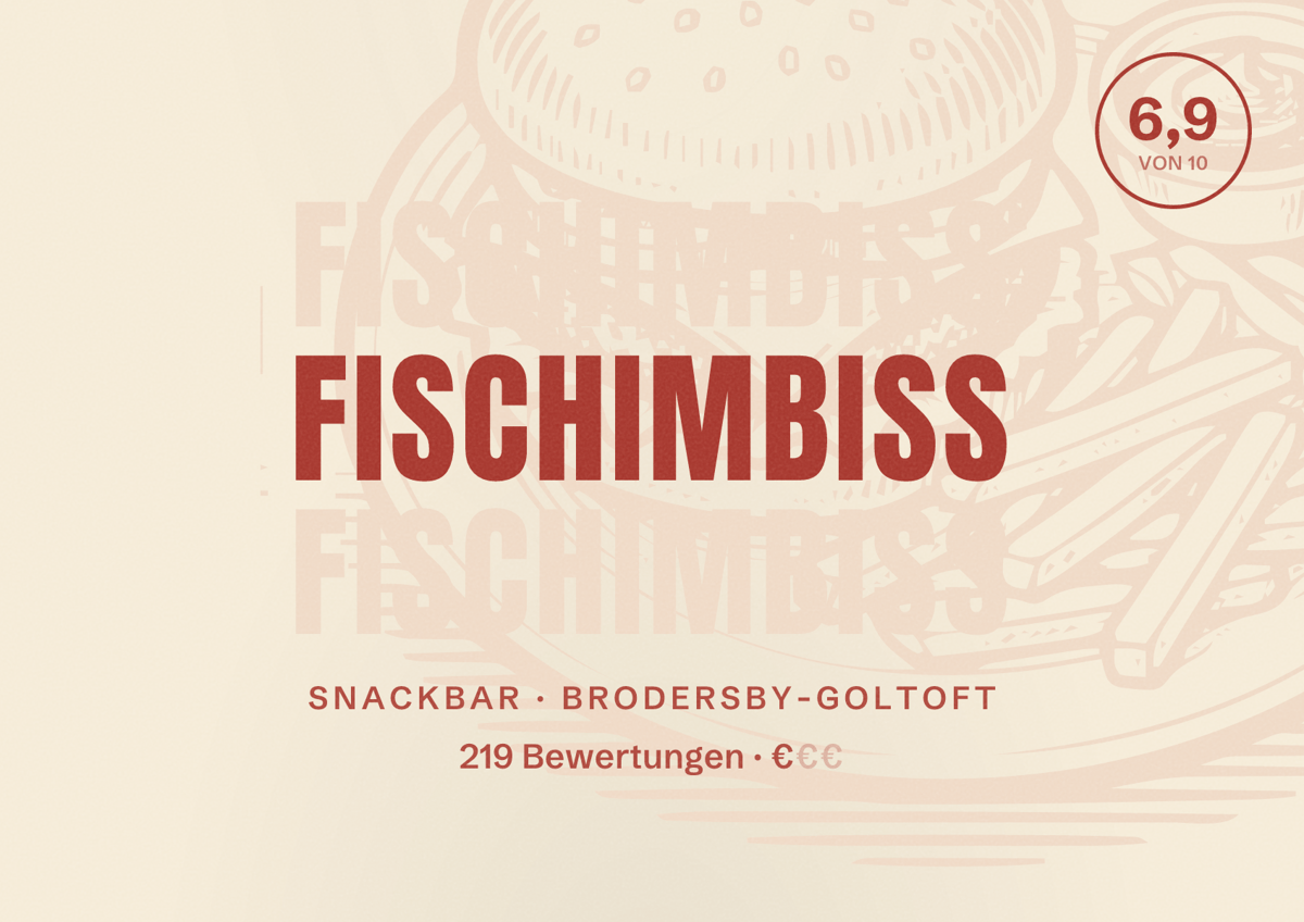 Illustriertes Poster von FischImbiss, Snackbar in Brodersby-Goltoft: Bewertung 6,9 von 10 aus 219 Bewertungen, Preisniveau €