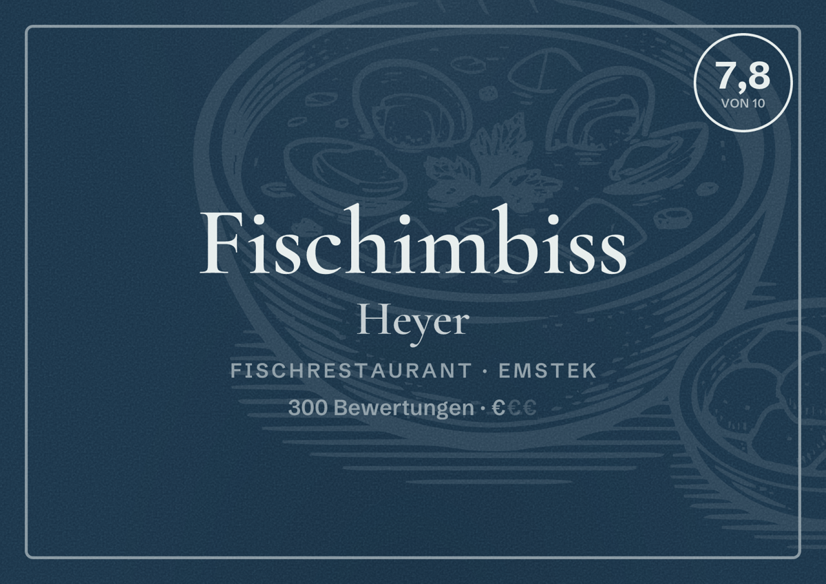 Illustriertes Poster von Fischimbiss Heyer, Fischrestaurant in Emstek: Bewertung 7,8 von 10 aus 300 Bewertungen, Preisniveau €