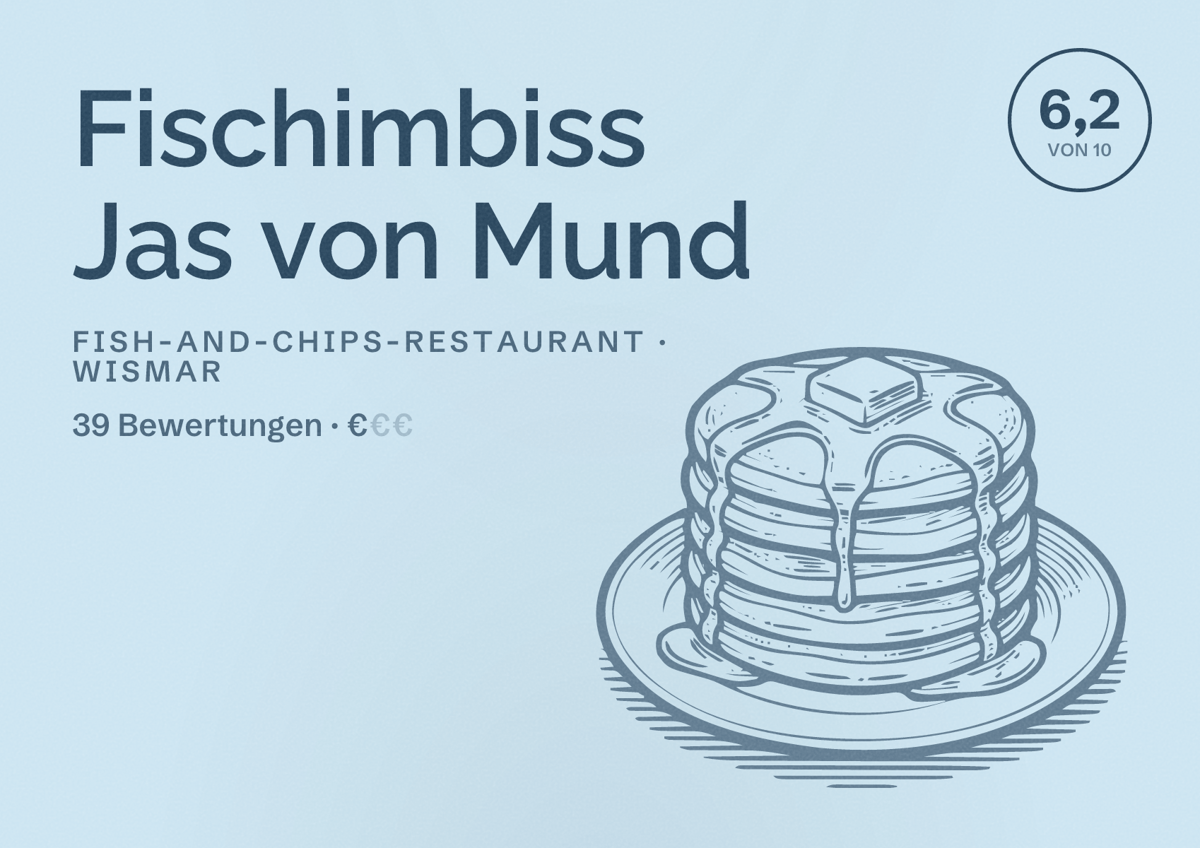 Illustriertes Poster von Fischimbiss Jas von Mund, Fish-and-Chips-Restaurant in Wismar: Bewertung 6,2 von 10 aus 39 Bewertungen, Preisniveau €