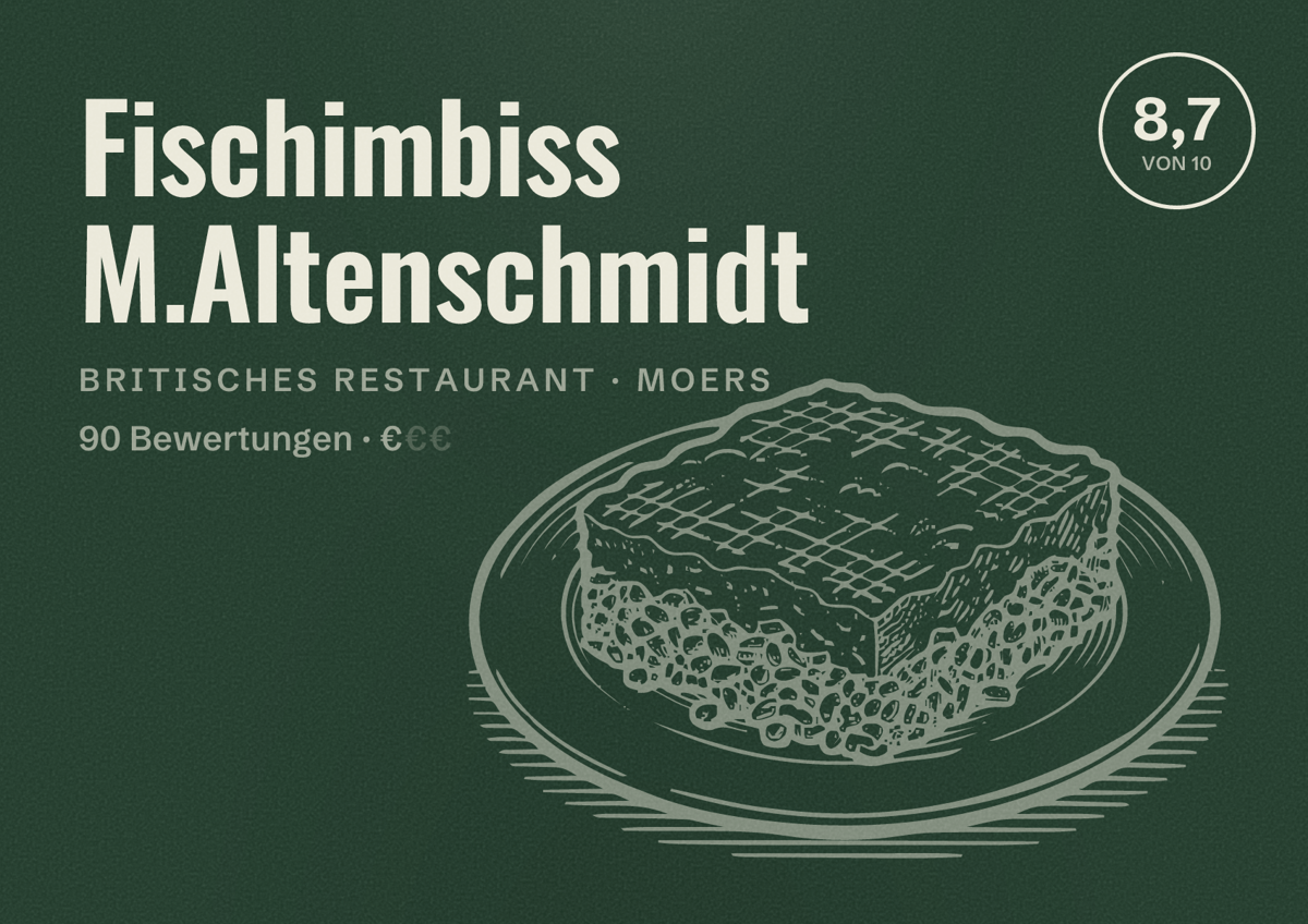 Illustriertes Poster von Fischimbiss M.Altenschmidt, Britisches Restaurant in Moers: Bewertung 8,7 von 10 aus 90 Bewertungen, Preisniveau €