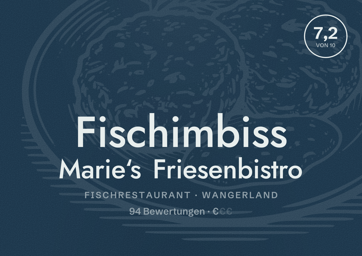 Illustriertes Poster von Fischimbiss Marie‘s Friesenbistro, Fischrestaurant in Wangerland: Bewertung 7,2 von 10 aus 94 Bewertungen, Preisniveau €