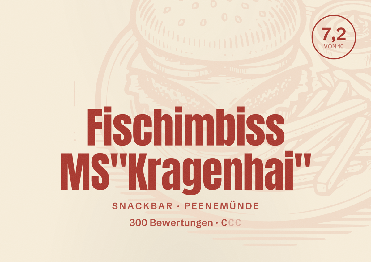Illustriertes Poster von Fischimbiss MS"Kragenhai", Snackbar in Peenemünde: Bewertung 7,2 von 10 aus 300 Bewertungen, Preisniveau €