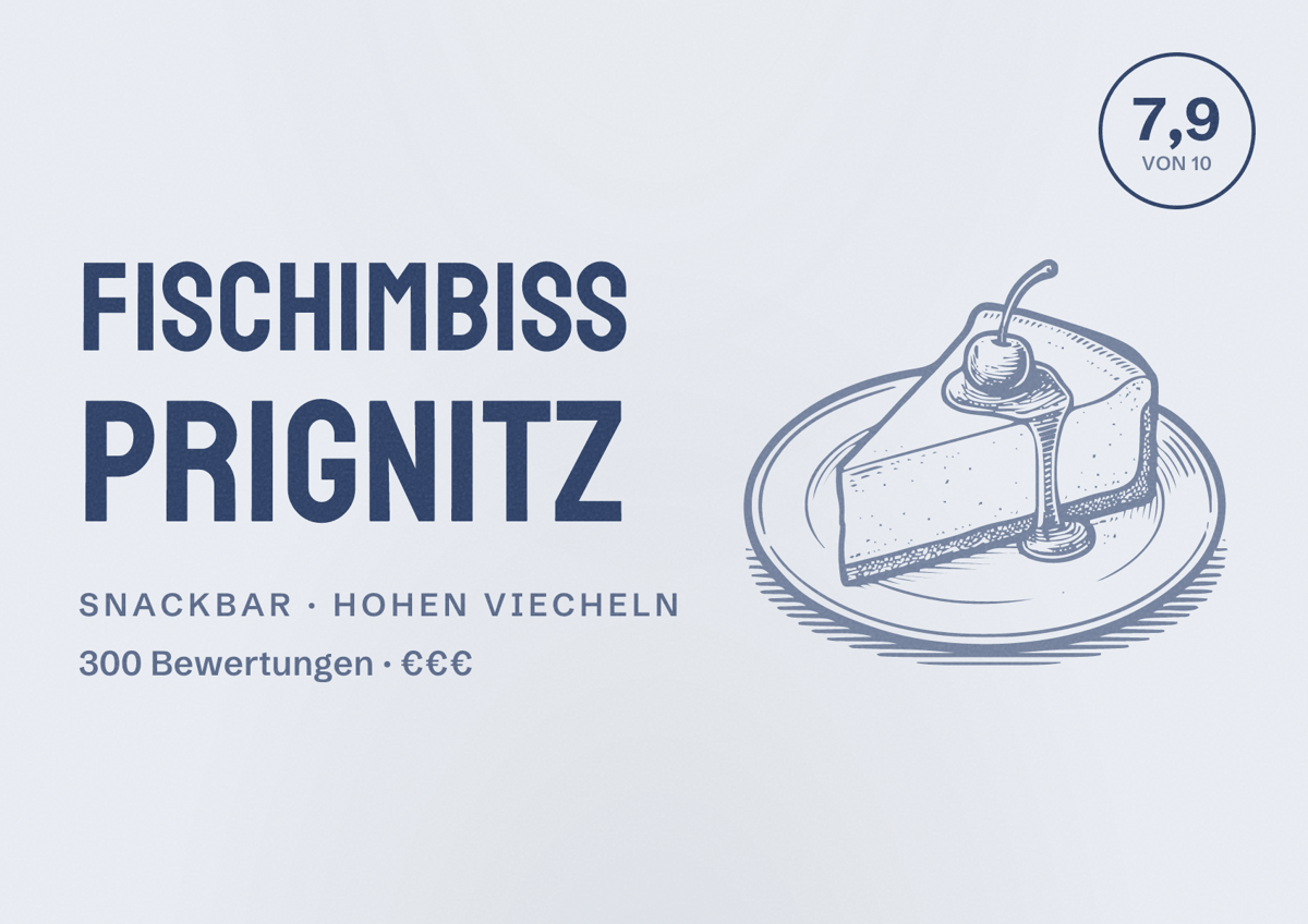 Illustriertes Poster von Fischimbiss Prignitz, Snackbar in Hohen Viecheln: Bewertung 7,9 von 10 aus 300 Bewertungen, Preisniveau €€€