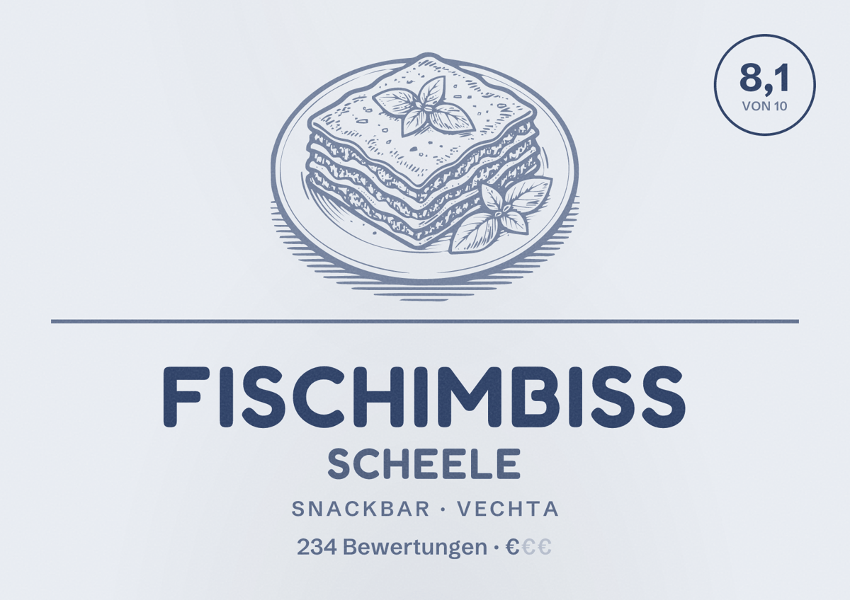 Illustriertes Poster von Fischimbiss Scheele, Snackbar in Vechta: Bewertung 8,1 von 10 aus 234 Bewertungen, Preisniveau €
