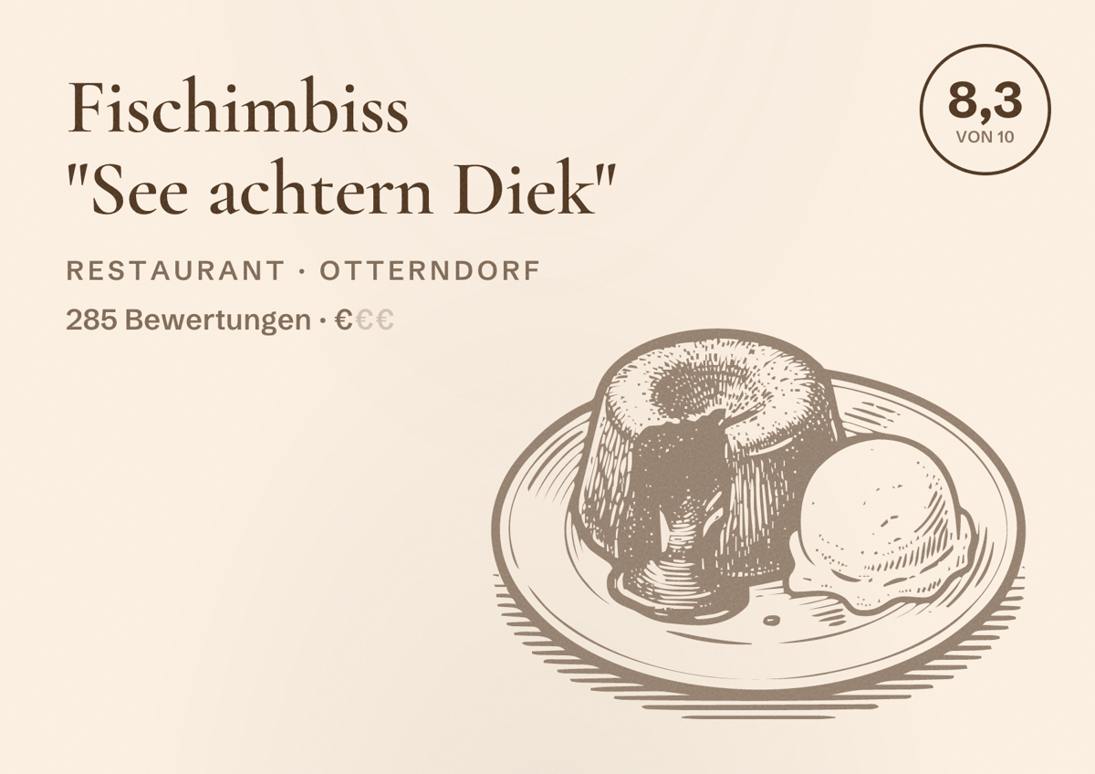 Illustriertes Poster von Fischimbiss "See achtern Diek", Restaurant in Otterndorf: Bewertung 8,3 von 10 aus 285 Bewertungen, Preisniveau €
