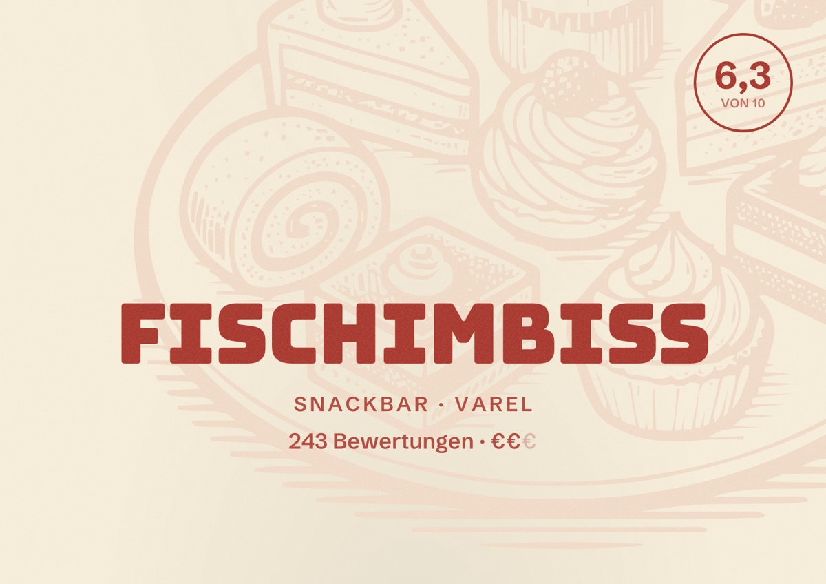 Illustriertes Poster von Fischimbiss, Snackbar in Varel: Bewertung 6,3 von 10 aus 243 Bewertungen, Preisniveau €€