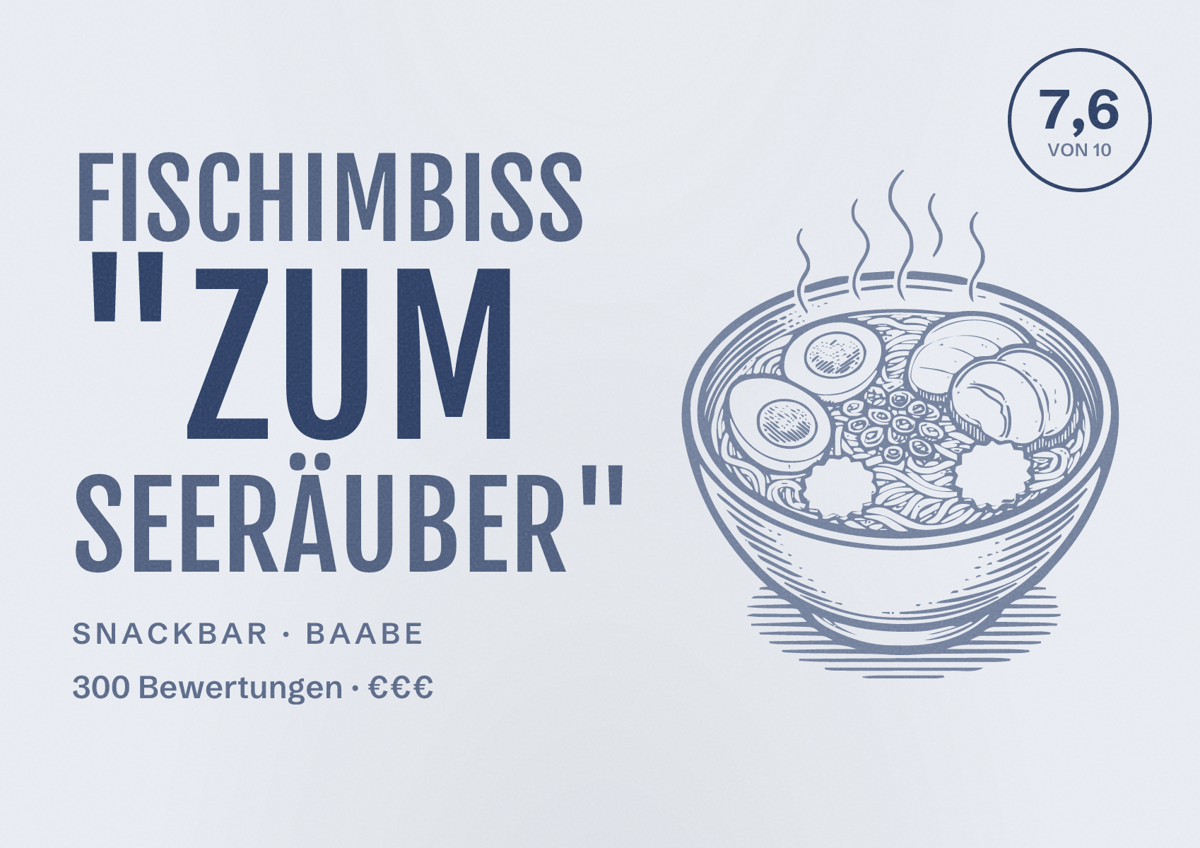 Illustriertes Poster von Fischimbiss "Zum Seeräuber", Snackbar in Baabe: Bewertung 7,6 von 10 aus 300 Bewertungen, Preisniveau €€€