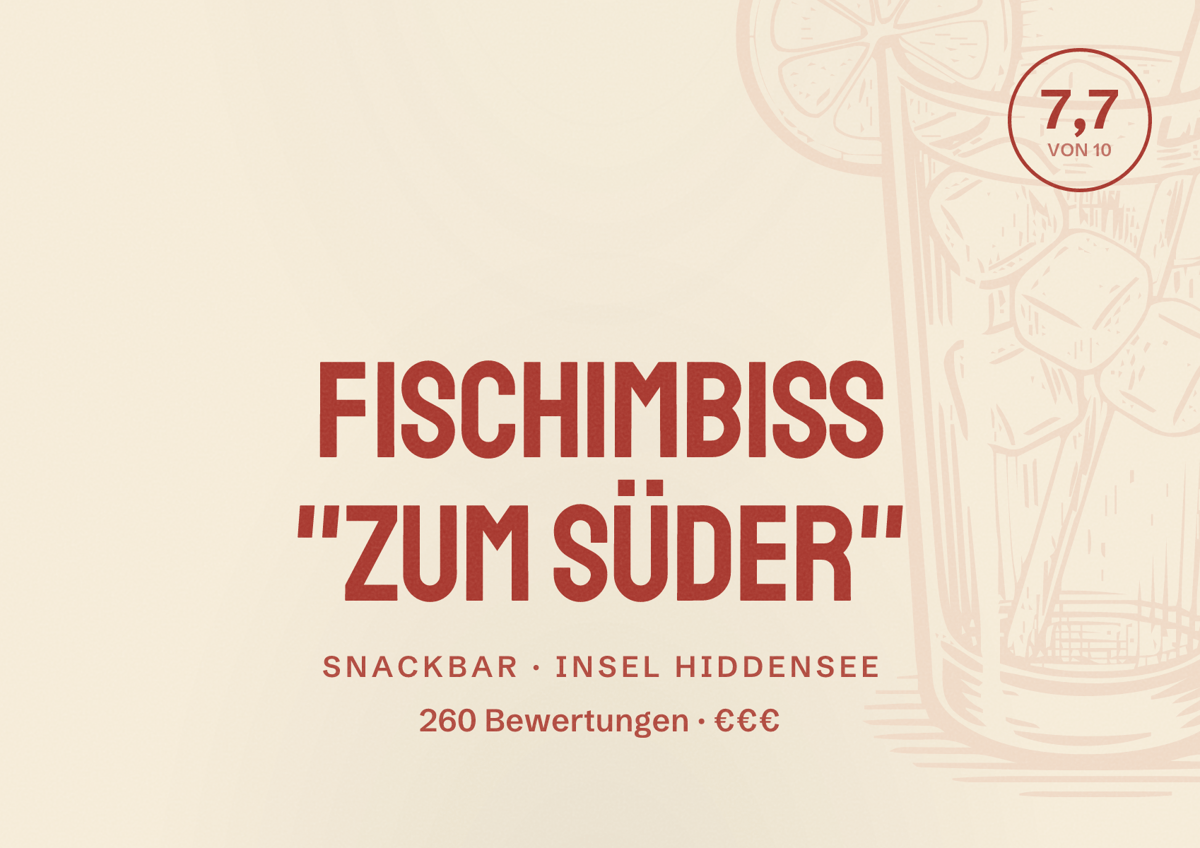 Illustriertes Poster von Fischimbiss "Zum Süder", Snackbar in Insel Hiddensee: Bewertung 7,7 von 10 aus 260 Bewertungen, Preisniveau €€€