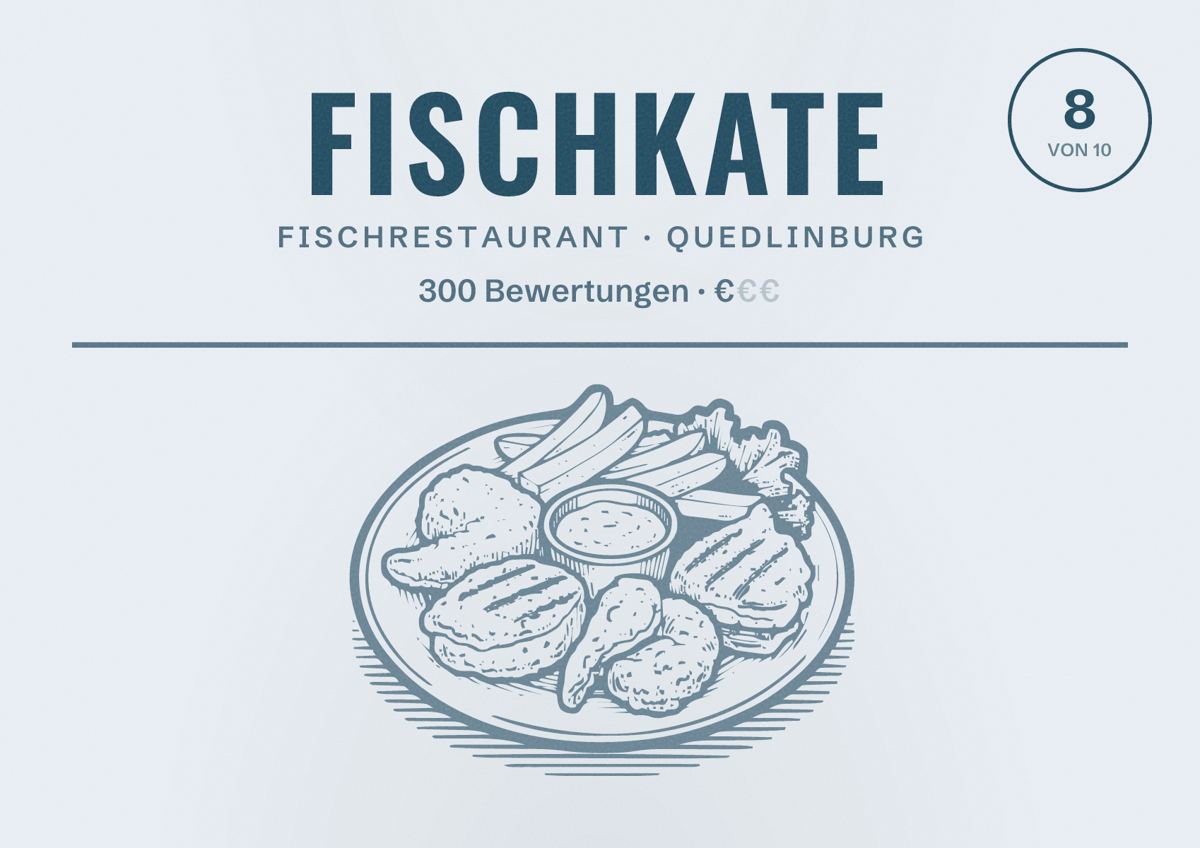 Illustriertes Poster von Fischkate, Fischrestaurant in Quedlinburg: Bewertung 8 von 10 aus 300 Bewertungen, Preisniveau €