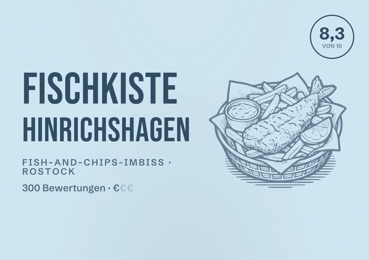Illustriertes Poster von Fischkiste Hinrichshagen, Fish-and-Chips-Imbiss in Rostock: Bewertung 8,3 von 10 aus 300 Bewertungen, Preisniveau €