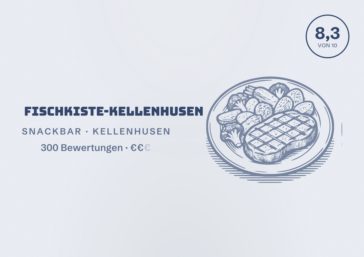 Illustriertes Poster von Fischkiste-Kellenhusen, Snackbar in Kellenhusen: Bewertung 8,3 von 10 aus 300 Bewertungen, Preisniveau €€