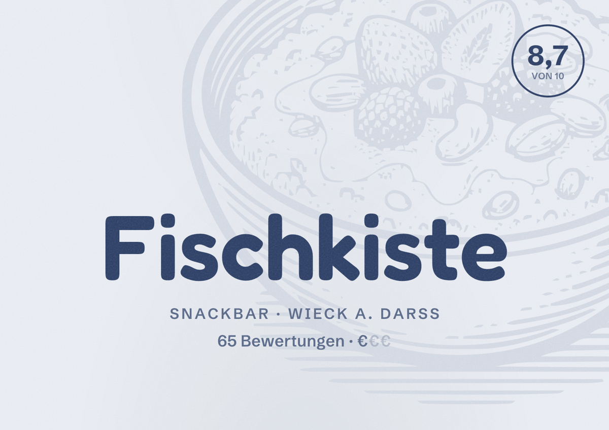 Illustriertes Poster von Fischkiste, Snackbar in Wieck a. Darß: Bewertung 8,7 von 10 aus 65 Bewertungen, Preisniveau €