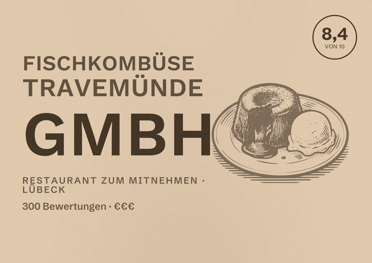 Illustriertes Poster von Fischkombüse Travemünde GmbH, Restaurant zum Mitnehmen in Lübeck: Bewertung 8,4 von 10 aus 300 Bewertungen, Preisniveau €€€