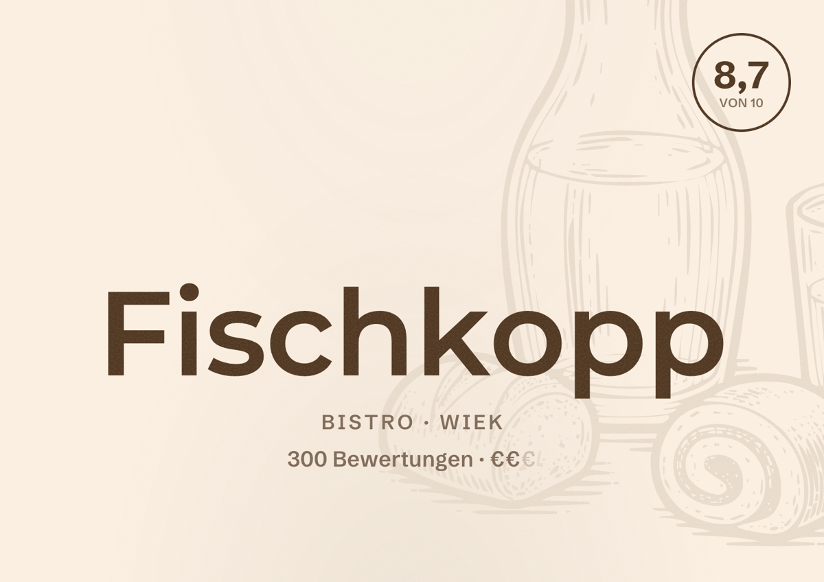 Illustriertes Poster von Fischkopp, Bistro in Wiek: Bewertung 8,7 von 10 aus 300 Bewertungen, Preisniveau €€