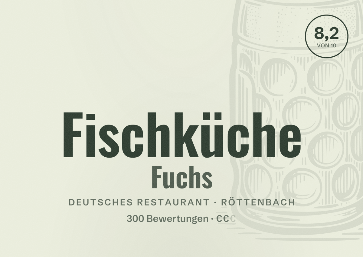 Illustriertes Poster von Fischküche Fuchs, Deutsches Restaurant in Röttenbach: Bewertung 8,2 von 10 aus 300 Bewertungen, Preisniveau €€