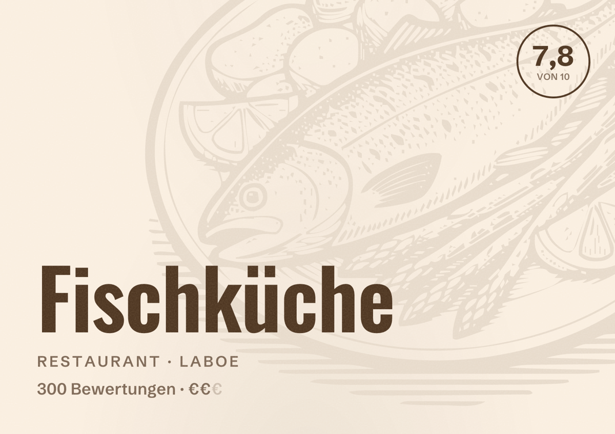 Illustriertes Poster von Fischküche, Restaurant in Laboe: Bewertung 7,8 von 10 aus 300 Bewertungen, Preisniveau €€