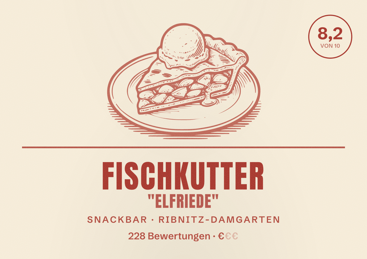 Illustriertes Poster von Fischkutter "Elfriede", Snackbar in Ribnitz-Damgarten: Bewertung 8,2 von 10 aus 228 Bewertungen, Preisniveau €