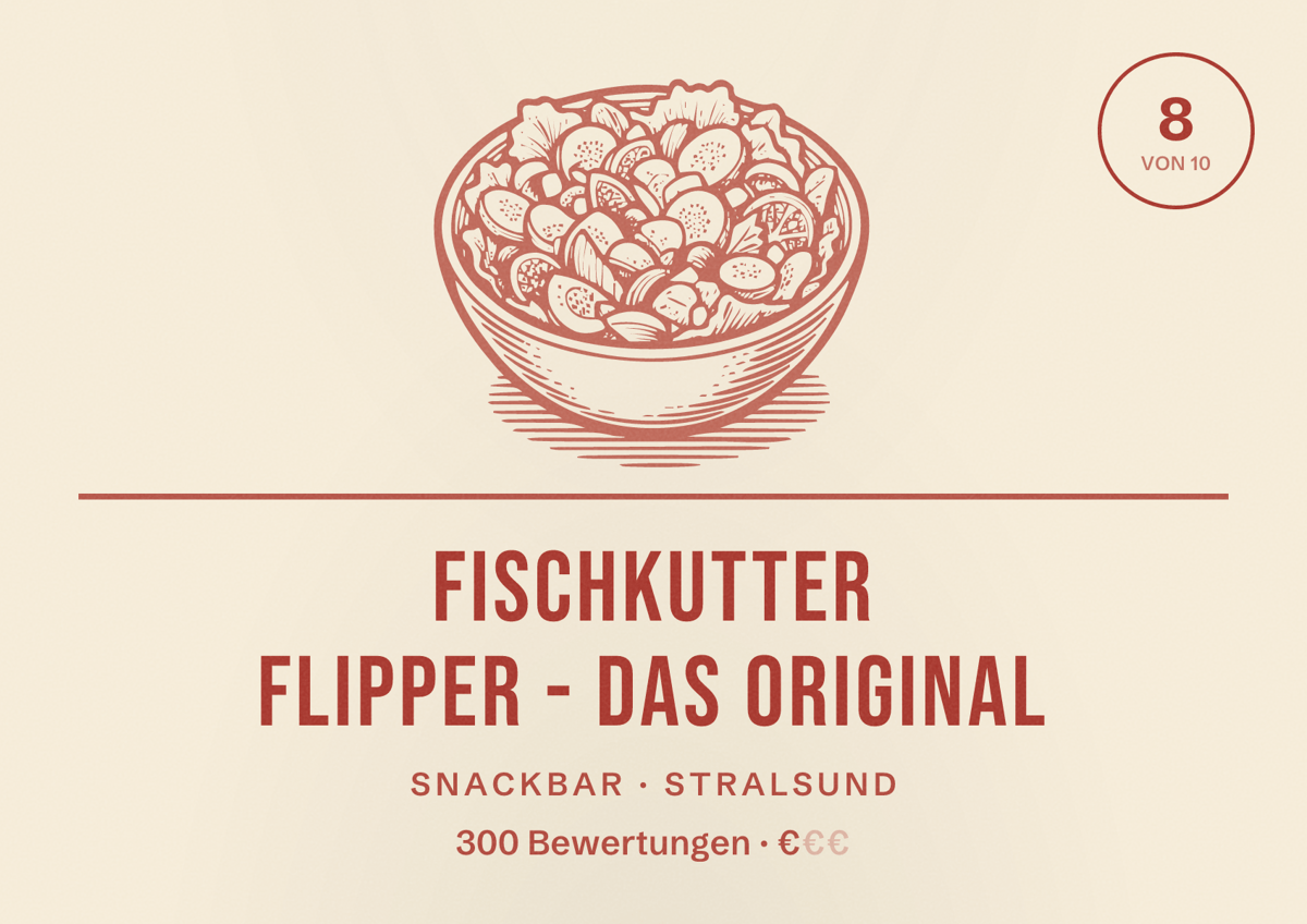 Illustriertes Poster von Fischkutter Flipper - Das Original, Snackbar in Stralsund: Bewertung 8 von 10 aus 300 Bewertungen, Preisniveau €