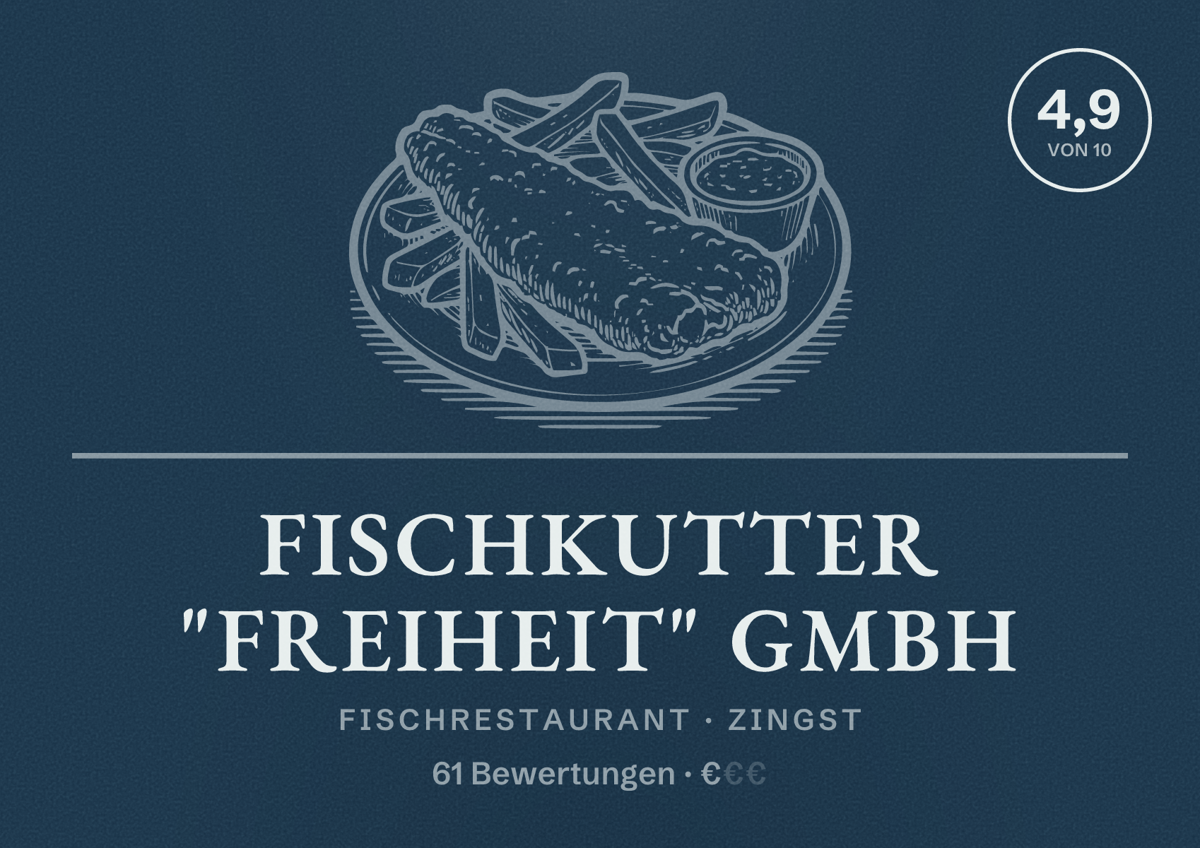 Illustriertes Poster von Fischkutter "Freiheit" GmbH, Fischrestaurant in Zingst: Bewertung 4,9 von 10 aus 61 Bewertungen, Preisniveau €