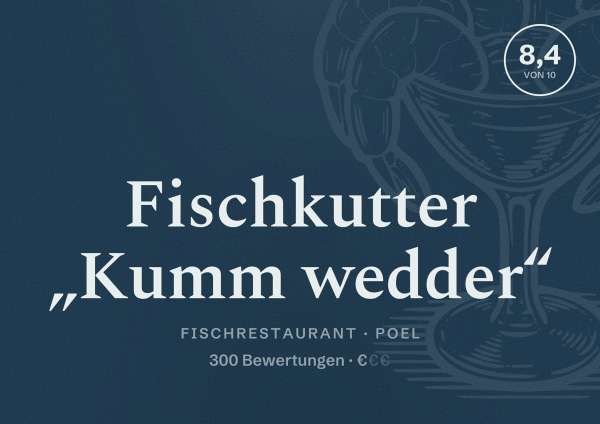 Illustriertes Poster von Fischkutter „Kumm wedder“, Fischrestaurant in Poel: Bewertung 8,4 von 10 aus 300 Bewertungen, Preisniveau €
