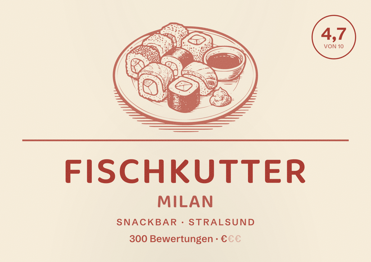 Illustriertes Poster von Fischkutter Milan, Snackbar in Stralsund: Bewertung 4,7 von 10 aus 300 Bewertungen, Preisniveau €