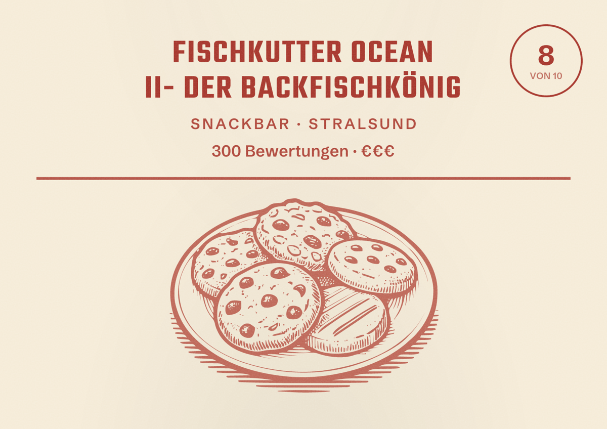 Illustriertes Poster von Fischkutter Ocean II- Der Backfischkönig, Snackbar in Stralsund: Bewertung 8 von 10 aus 300 Bewertungen, Preisniveau €€€